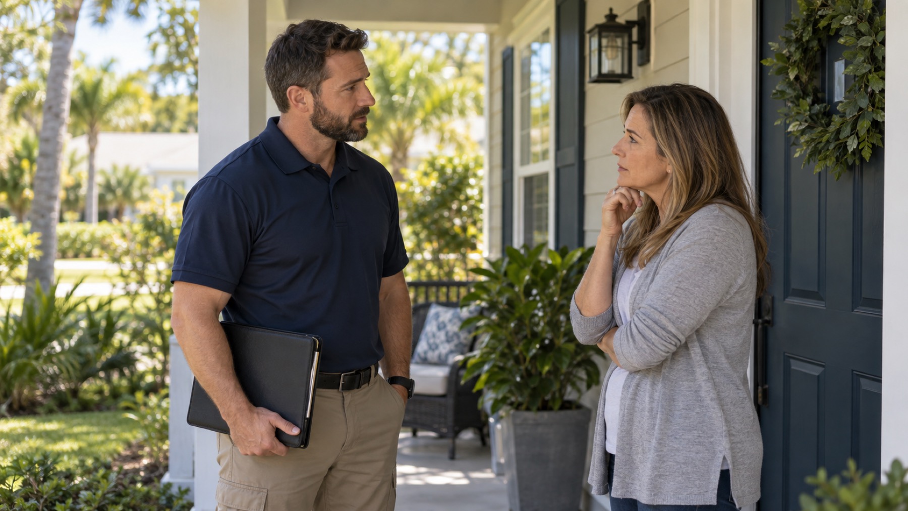A discreet conversation at the front door before a cleanup.