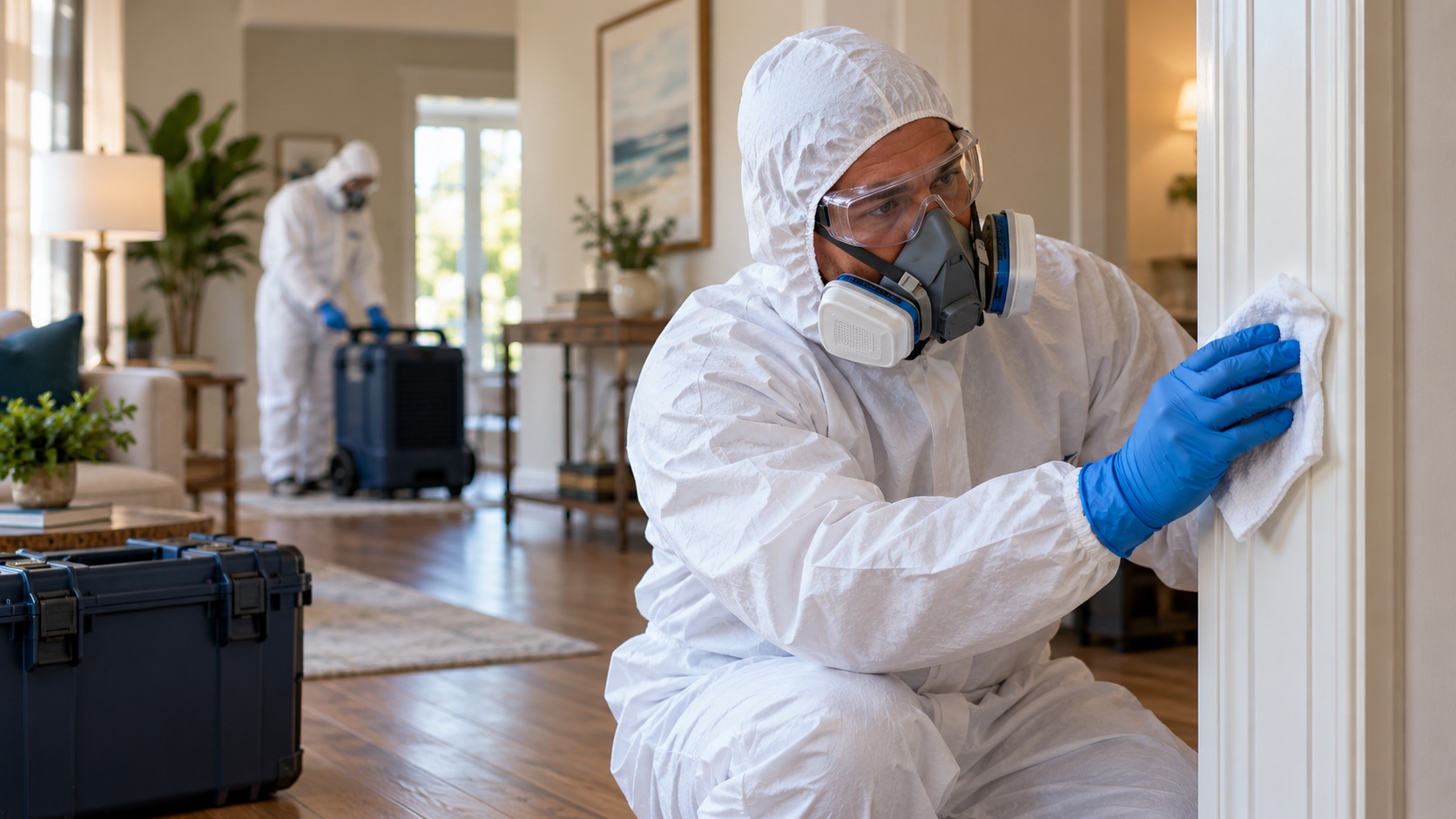 Trident technicians in protective gear performing careful indoor cleanup.